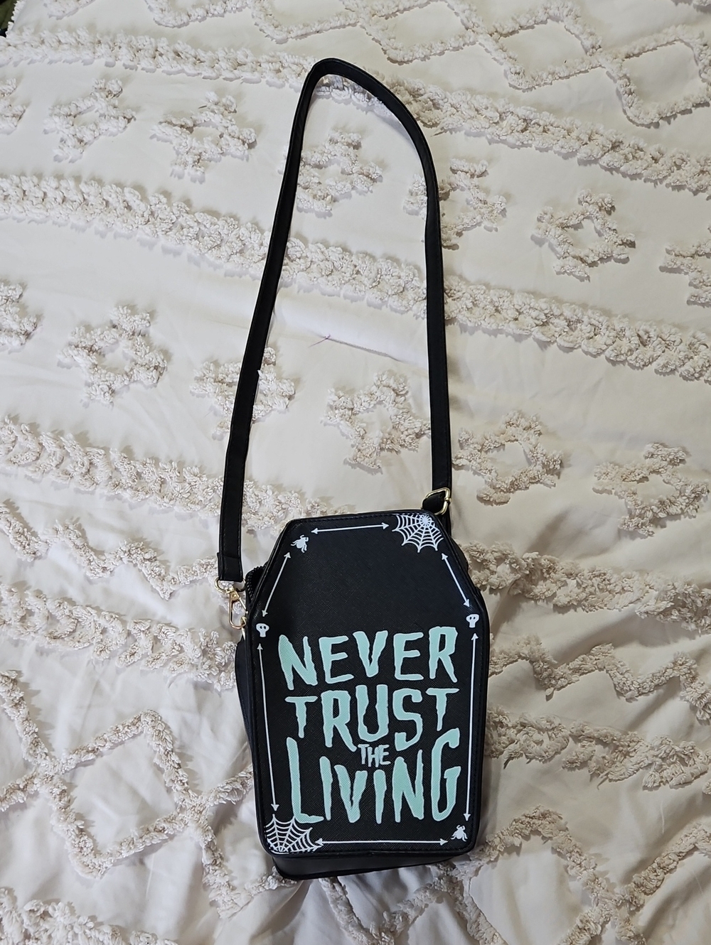 Never Trust The Living Black Coffin Crossbody Bag